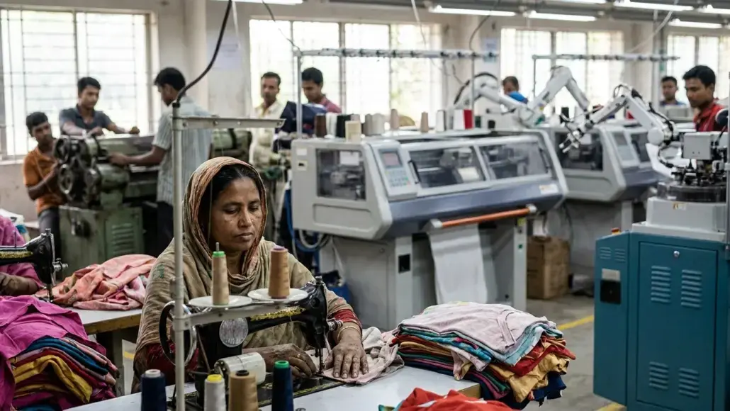 Woman sewing fabric on a vintage machine in a busy textile factory, with colorful cloth piles and other workers in the background.