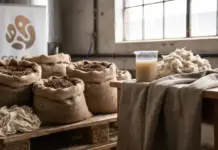 Inditex Partners on Initiative to Repurpose Brewing Industry Waste for Textile Production Burlap sacks filled with coffee beans on a wooden pallet in an industrial workspace, with a jar of liquid and bundled fiber on a nearby table.