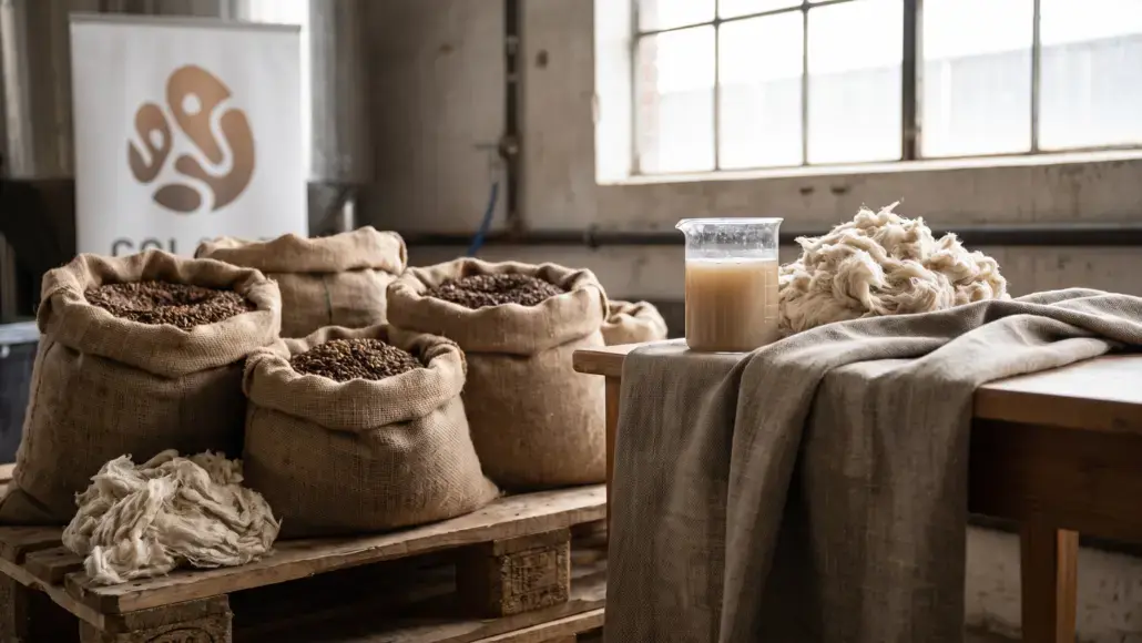 Burlap sacks filled with coffee beans on a wooden pallet in an industrial workspace, with a jar of liquid and bundled fiber on a nearby table.