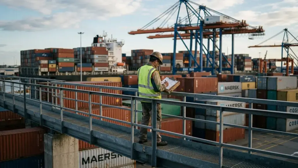 Port worker in a high-visibility vest and hard hat stands on a raised walkway, holding a clipboard amid stacked shipping containers and cranes.