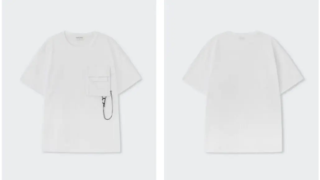 Front and back views of a plain white T-shirt; left image shows a chest pocket with a small black cord hanging from it, right image shows the plain back.