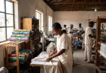 Nigeria Textile Industry Recovery Gains Domestic Momentum Woman sewing fabric on a machine in a bright textile workshop, with colorful rolls on shelves nearby and other workers in the background.