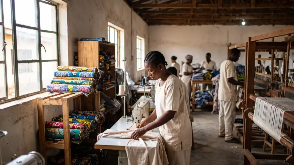 Woman sewing fabric on a machine in a bright textile workshop, with colorful rolls on shelves nearby and other workers in the background.