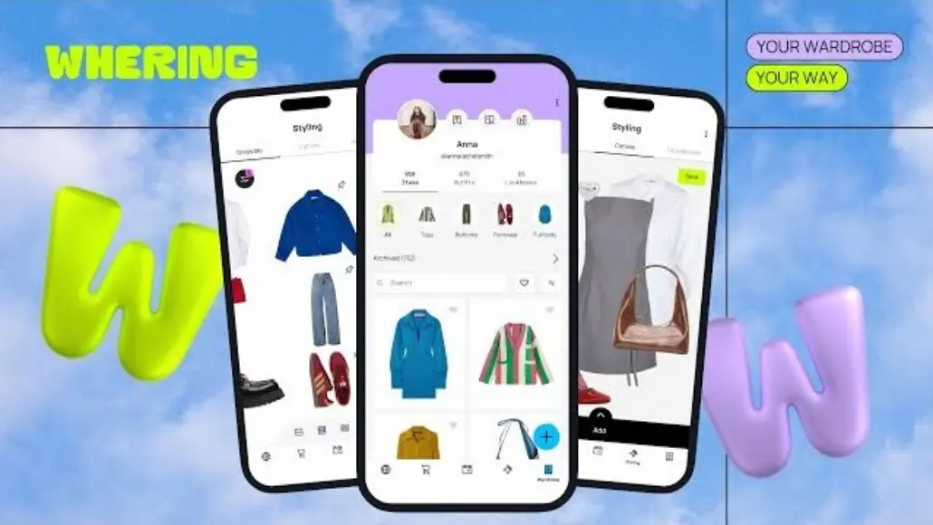 Promo image: three smartphone screens showing a wardrobe app with outfits against a blue sky background, the slogan 'Your Wardrobe Your Way'.
