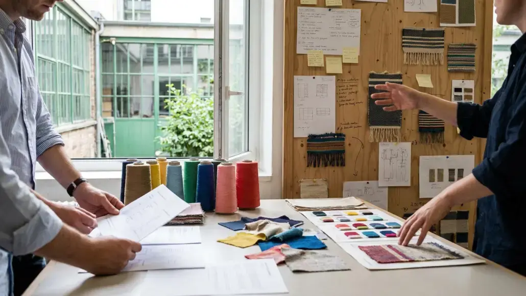 Two designers discuss fabric swatches and color samples on a bright studio table with notes and a corkboard in the background.