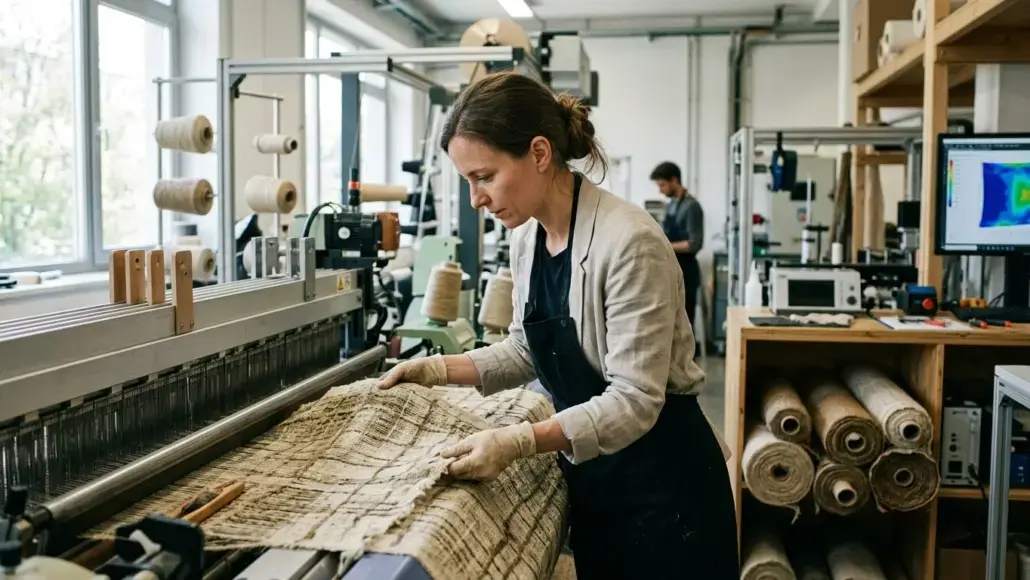 Woman weaving fabric on an industrial loom in a textile workshop, with yarn cones nearby.