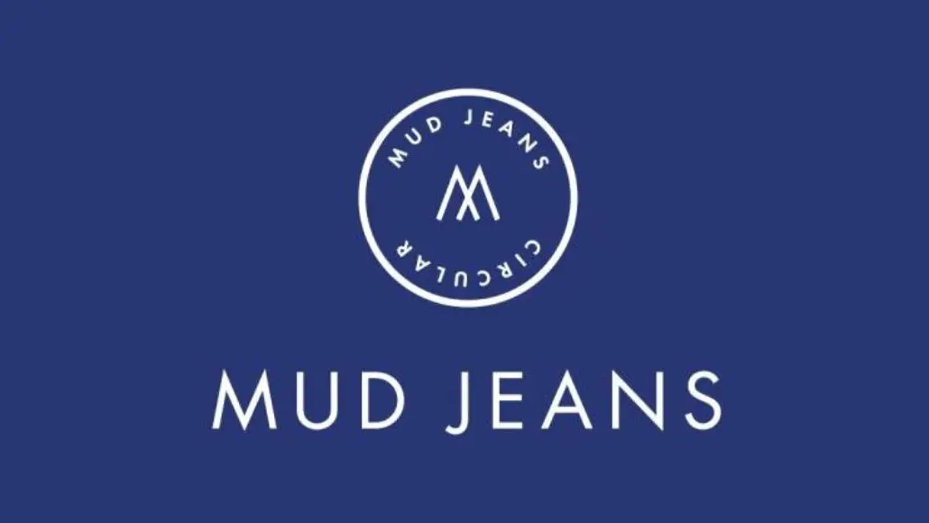 Mud Jeans logo: circular white badge with an M-shaped mark and 'MUD JEANS' around the circle on a blue background.
