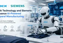 Jack Technology, Siemens Partner to Advance AI-Powered Apparel Manufacturing Robot sewing fabric at a JACK/Siemens AI-powered apparel manufacturing station in a modern factory.