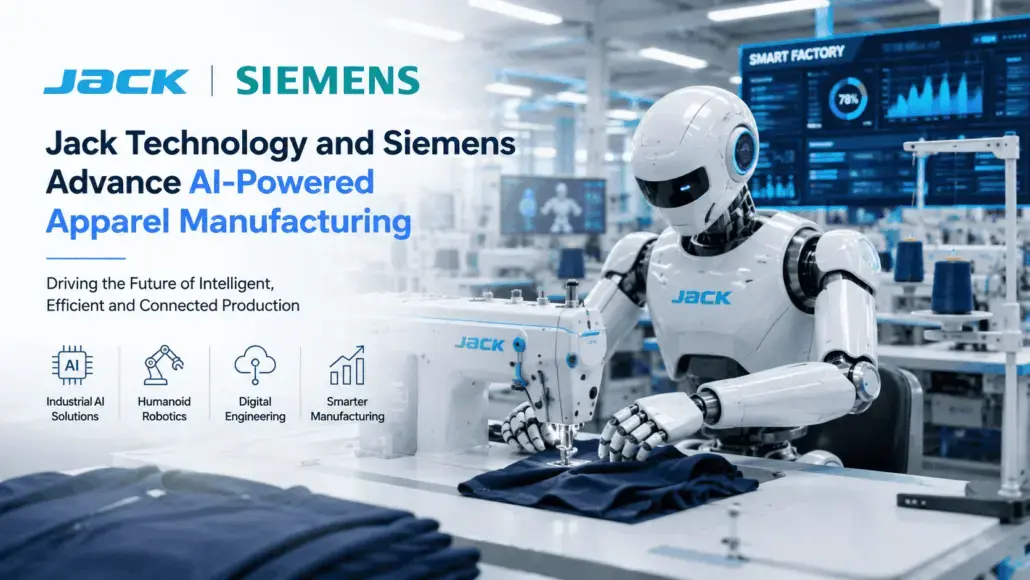 Robot sewing fabric at a JACK/Siemens AI-powered apparel manufacturing station in a modern factory.
