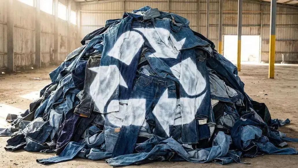 A large pile of used blue jeans stacked in an industrial warehouse, with white spray-painted numbers on some pieces.