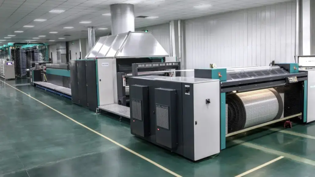 Large industrial printing press in a clean factory, with roller drums and metal panels.