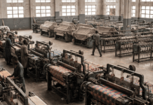 Nigeria’s Textile Industry Runs at Just 53% Capacity in 2025 Amid Growing Import Ban Debate Factory floor full of weaving looms; several workers operate machines with colorful fabrics on the spits, and covered equipment in the background.