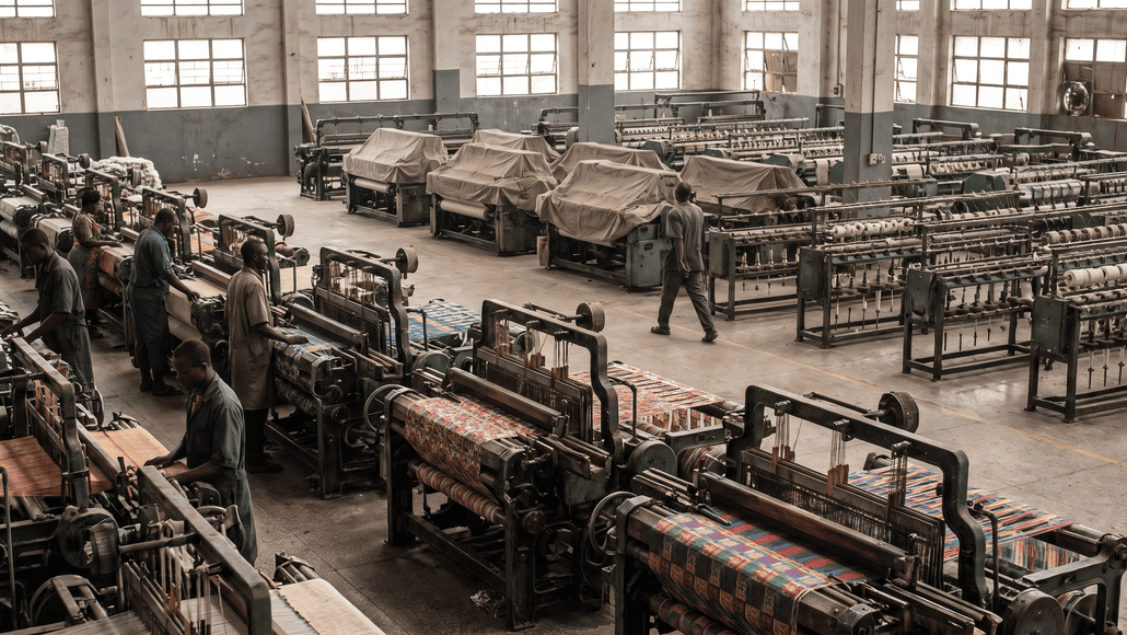 Factory floor full of weaving looms; several workers operate machines with colorful fabrics on the spits, and covered equipment in the background.
