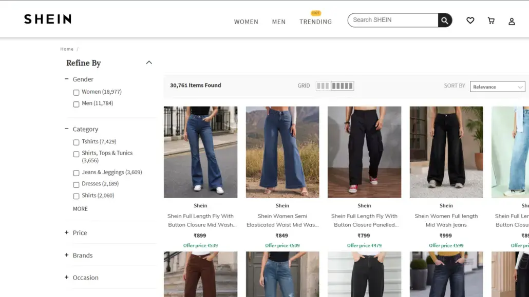 Product listing page for jeans on SHEIN: grid of women's denim outfits with a left filter panel for gender, category, price and brands