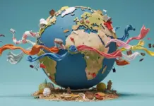 Oeko-Tex Revamps Governance Structure to Meet EU Sustainability Labelling Requirements Earth globe wrapped in colorful ribbons with litter around it, highlighting global pollution and waste." The world is being overwhelmed by trash and debris on the ground and floating ribbons around it.