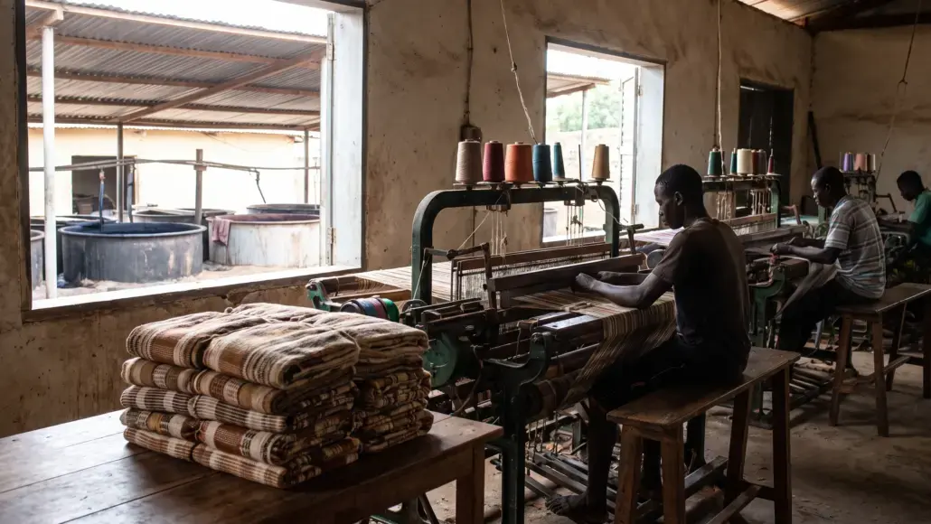 Weaving workshop with workers at looms, colorful thread cones overhead, and folded blankets stacked on a table nearby.