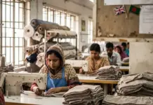 UK Confirms Three-Year Market Access for Bangladesh Following LDC Graduation Woman worker operating a sewing machine in a textile workshop, surrounded by folded fabric and rolls of material.