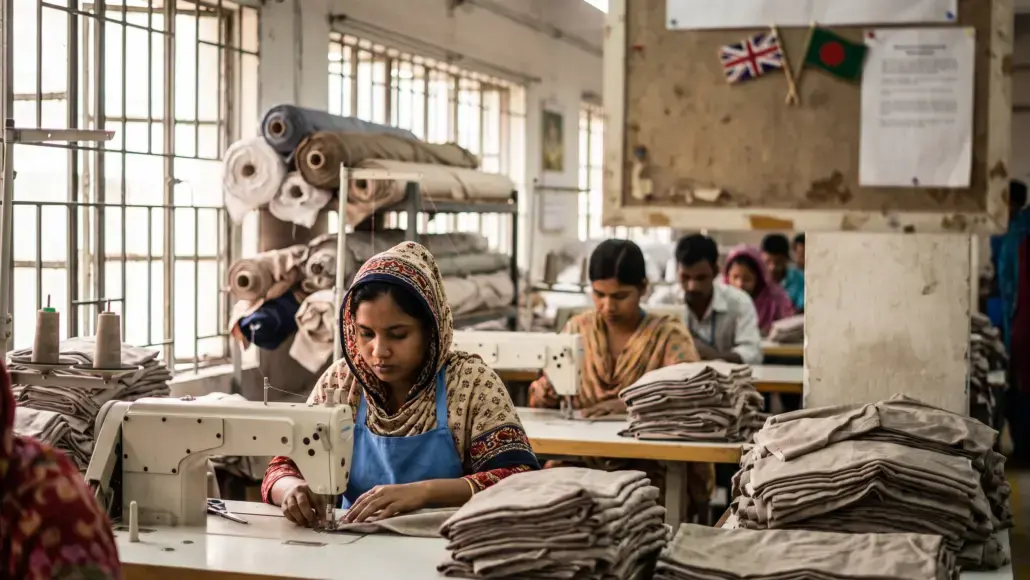 Woman worker operating a sewing machine in a textile workshop, surrounded by folded fabric and rolls of material.