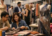 Thailand Textile Sector Moves Toward High-Value Design and Innovation Two designers examine patterned fabric swatches at a sewing table in a busy fashion studio, with a shimmering metallic dress on a mannequin nearby.