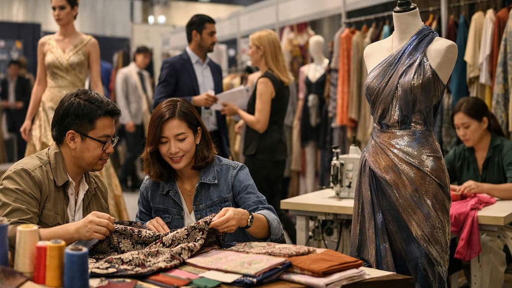Two designers examine patterned fabric swatches at a sewing table in a busy fashion studio, with a shimmering metallic dress on a mannequin nearby.