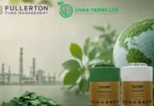 Usha Yarns Secures Fullerton Investment to Scale Recycled Yarn Brand logos for Fullerton Fund Management and USHA YARNS LTD appear with a green Earth globe, plant sprouts, and two vitamin/supplement bottles in the foreground, signaling eco-friendly branding.