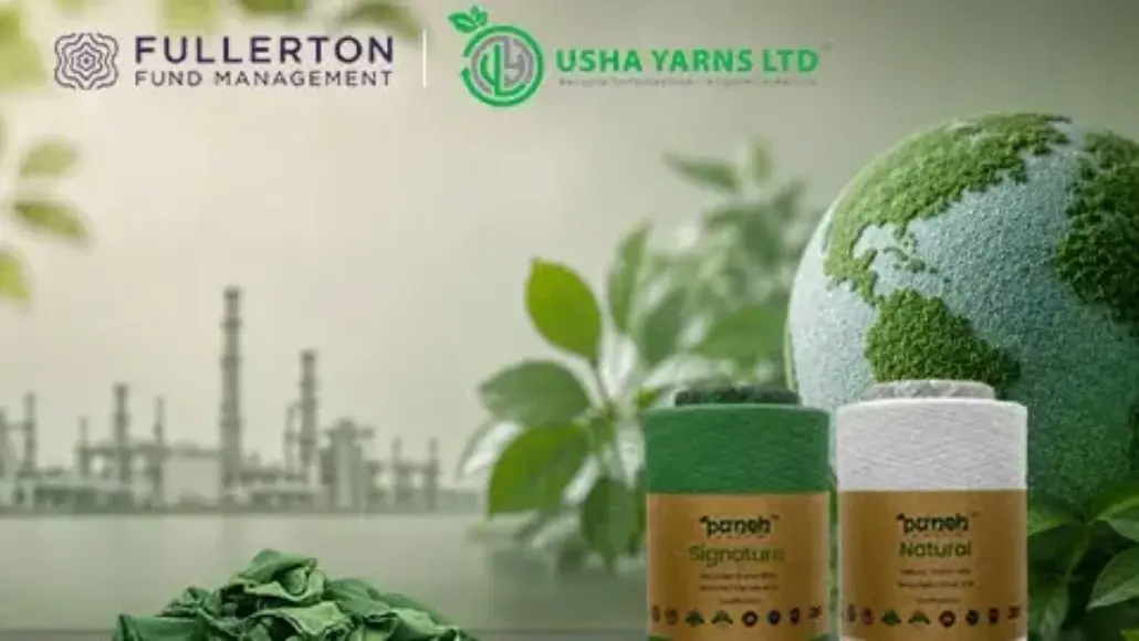 Brand logos for Fullerton Fund Management and USHA YARNS LTD appear with a green Earth globe, plant sprouts, and two vitamin/supplement bottles in the foreground, signaling eco-friendly branding.