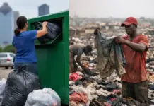 The Global Textile Waste Crisis and Clothing Donations Two scenes: a woman in a blue shirt deposits a black garbage bag into a green dumpster in a parking lot, with skyscrapers in the background (left). A man in a red cap and shirt holds up a dirty shirt amid a vast pile of discarded clothing at a landfill (right).