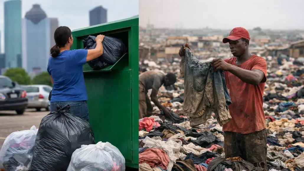Two scenes: a woman in a blue shirt deposits a black garbage bag into a green dumpster in a parking lot, with skyscrapers in the background (left). A man in a red cap and shirt holds up a dirty shirt amid a vast pile of discarded clothing at a landfill (right).