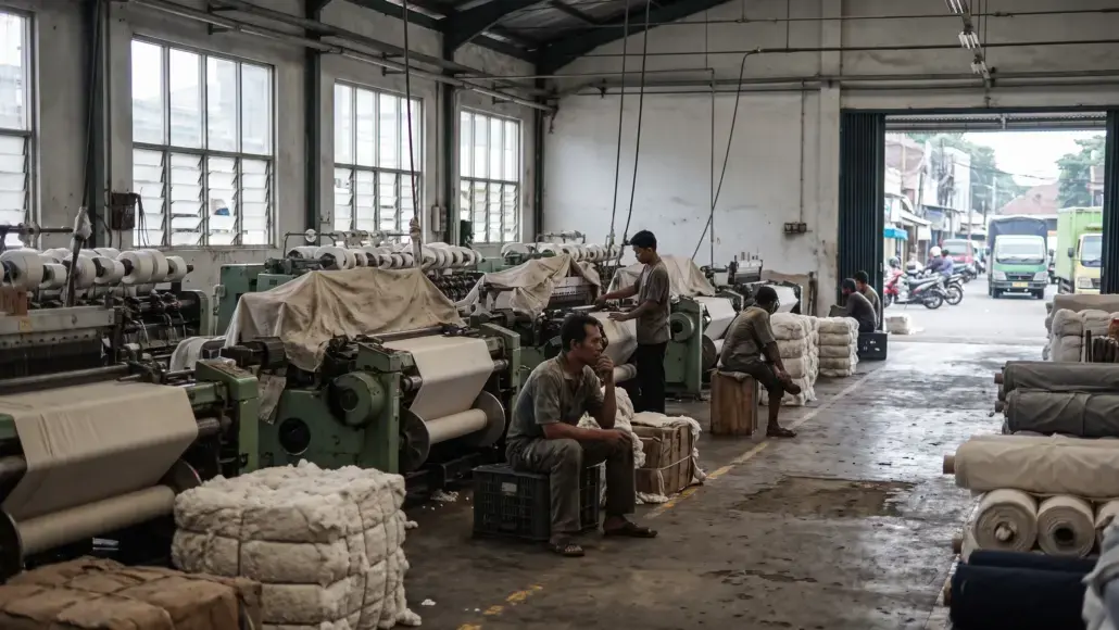 Industrial textile factory interior with rows of weaving machines, wrapped fabric on each loom, and workers seated and sorting cloths under large windows.