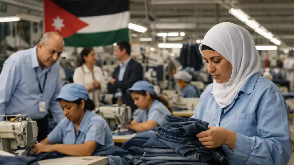 Female worker in a blue uniform folds denim jeans in a busy garment factory; a Jordan flag hangs in the background.