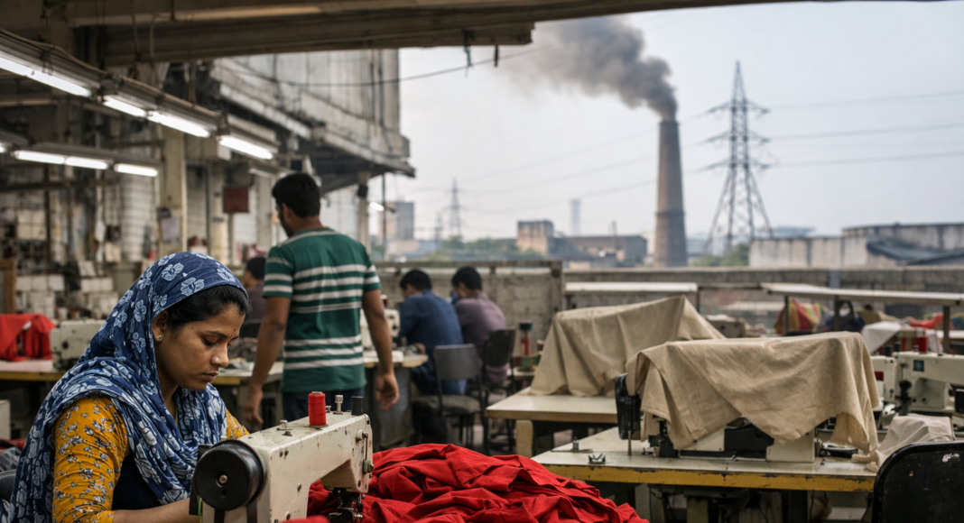 Female worker sewing red fabric at a sewing machine in a garment factory, with other workers and a smokestack in the background.