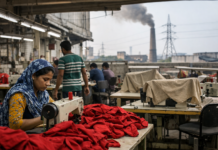 Energy Crisis Prompts Production Adjustments in Bangladesh Garment Sector Female worker sewing red fabric at a sewing machine in a garment factory, with other workers and a smokestack in the background.