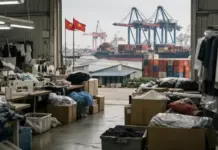 Shein Reassesses Vietnam Strategy as China Supply Chain Regains Importance Cluttered garment workshop with sewing machines and piles of fabric, opening to a port with container cranes and ships; Chinese flags fluttering outside.