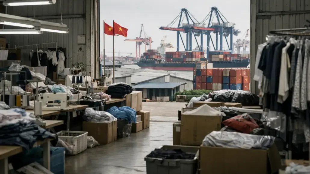 Cluttered garment workshop with sewing machines and piles of fabric, opening to a port with container cranes and ships; Chinese flags fluttering outside.