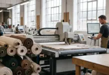 WAWWA Invests £120,000 in Sustainable Fabric Automation to Cut Waste and Boost Capacity Factory textile cutting station with rolls of fabric on the left and a worker at a computer console.