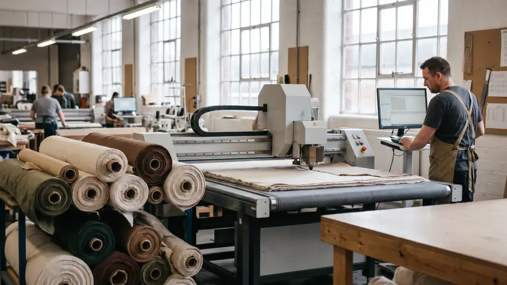 Factory textile cutting station with rolls of fabric on the left and a worker at a computer console.