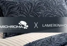 Archroma and Lameirinho Implement Single-Step Dyeing Technology for Home Textiles Banner displaying Archroma Life Enhanced logo and Lameirinho logo on a metallic band across a textured fabric background