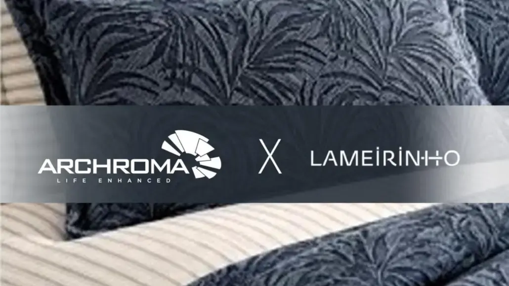 Banner displaying Archroma Life Enhanced logo and Lameirinho logo on a metallic band across a textured fabric background
