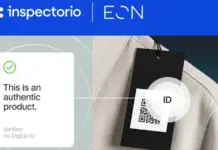 Inspectorio and EON Partner to Scale Digital Product Passports for Global Fashion Supply Chains Graphic showing product authentication with a white card reading 'This is an authentic product. Verified via Digital ID' and a QR ID tag on a jacket.