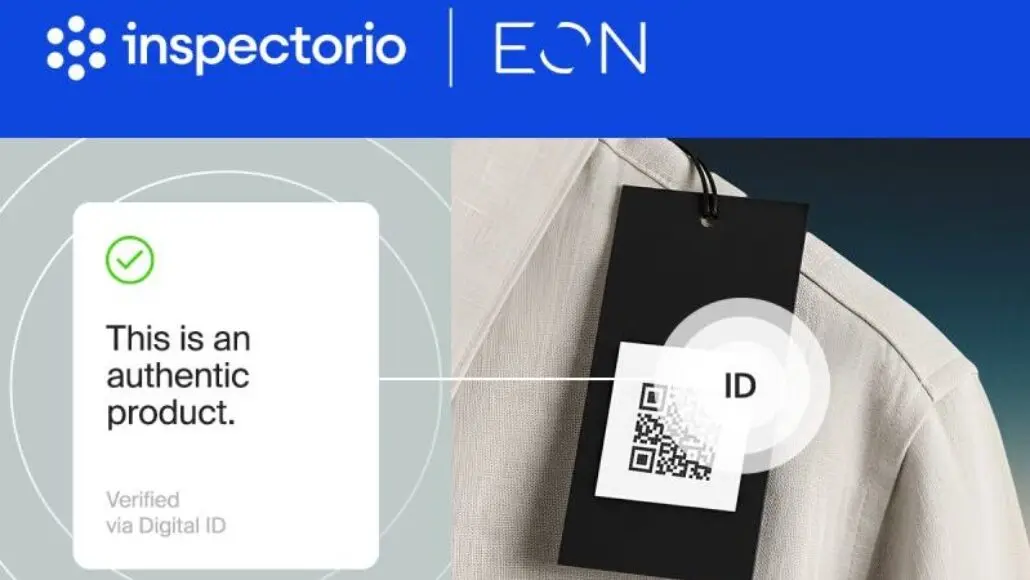 Graphic showing product authentication with a white card reading 'This is an authentic product. Verified via Digital ID' and a QR ID tag on a jacket.
