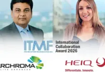HeiQ and Archroma Win ITMF International Collaboration Award 2026 Banner featuring two professionals and logos for ITMF International Textile Manufacturers Federation and the International Collaboration Award 2026, with Archroma and HEIQ branding.