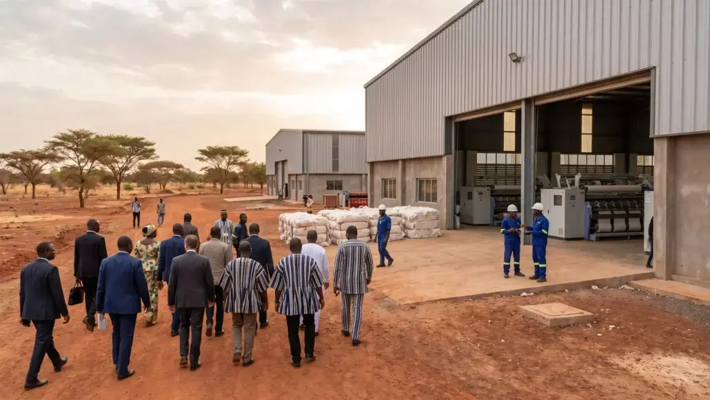 A group of formally dressed people walking toward a large industrial building with workers in blue coveralls and sacks stacked outside at sunset in a desert setting.