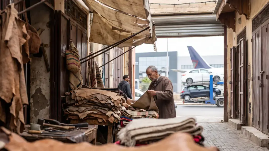 Elderly man at a leather goods stall in a narrow market alley, sorting a leather hide among stacked hides and woven blankets in view.