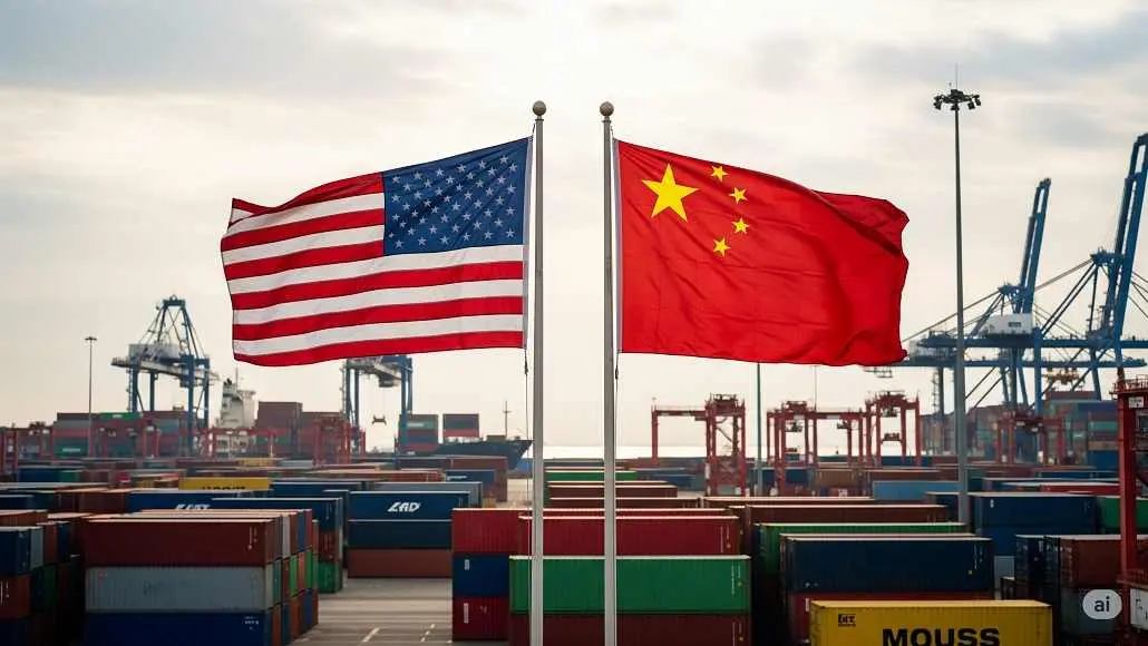 American and Chinese flags wave over a busy shipping port with stacked cargo containers and cranes in the background, signaling international trade.