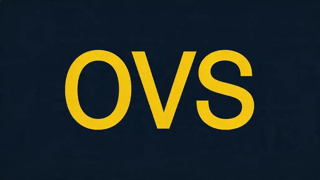 OVS logo: bold yellow letters on a dark blue background