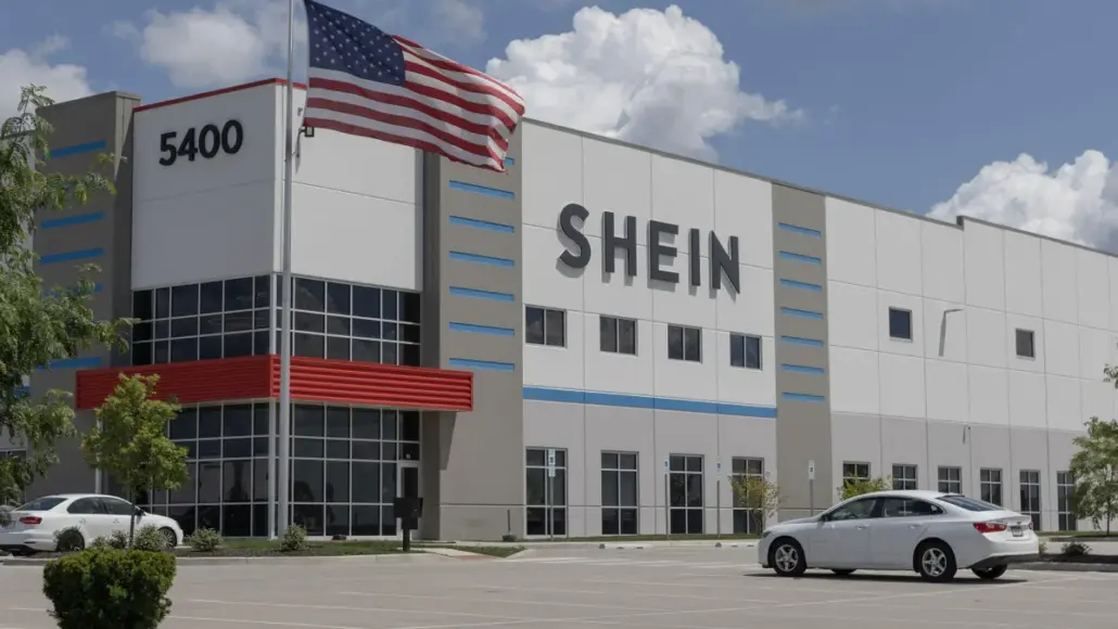 SHEIN warehouse-style storefront with a waving American flag and '5400' on the facade, parked cars nearby.