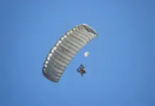 How Engineered Military Textiles Are Redefining US Defense Readiness and Supply Chain Security Tandem skydivers under a large white parachute against a bright blue sky.