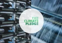 Amazon and Stella McCartney Launch Fashion Climate Coalition Industrial machinery on the left and blue fiber cables on the right, with a white circle in the center reading The Climate Pledge.