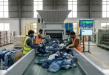EU Circular Fashion Drives Pakistan Textile Industry Toward Recycling and Traceability Upgrades Workers in safety vests sort jeans on a conveyor belt in a denim processing plant with large machinery and monitors nearby.