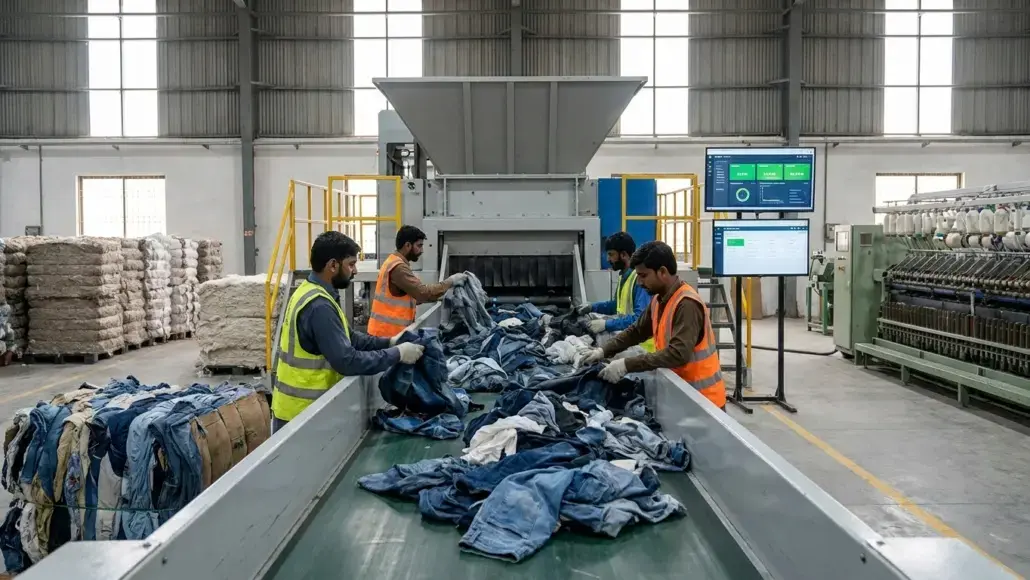 Workers in safety vests sort jeans on a conveyor belt in a denim processing plant with large machinery and monitors nearby.